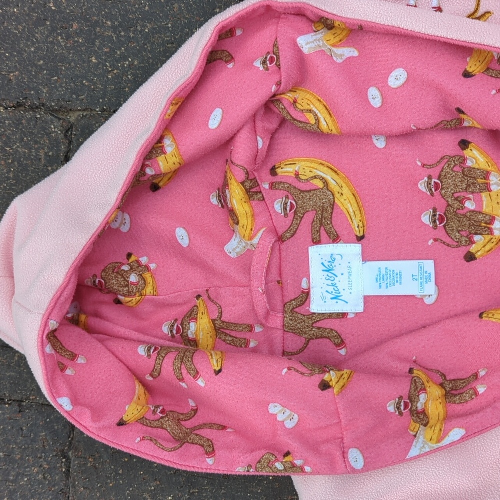 Nick & Nora Sleepwear Embroidered Pink Sock Monkey Bathrobe, 2T - Picture 3 of 8